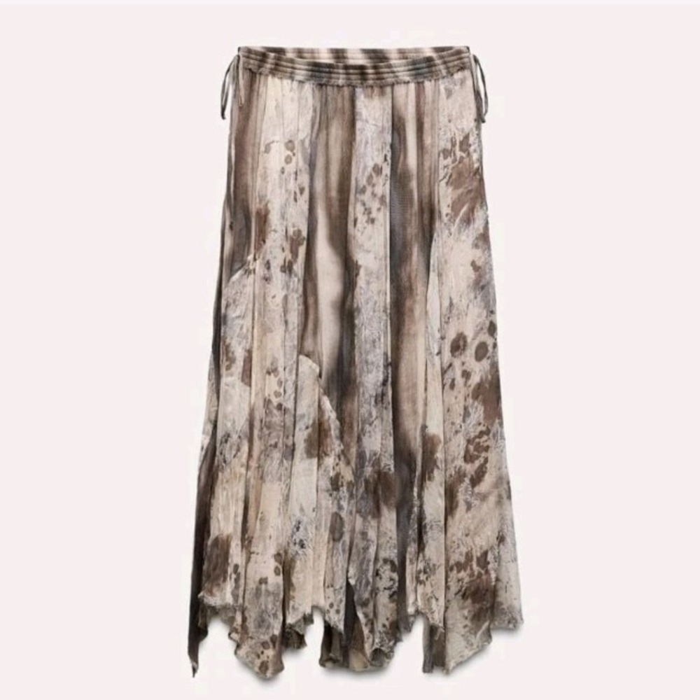 Zara ZW Collection Printed Chiffon Semi-Sheer Midi Skirt Brown Size S NWOT $120